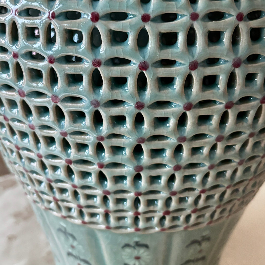 Celadon Vase with Double-Wall Chilbo Openwork and Inlaid Chrysanthemum Motif
