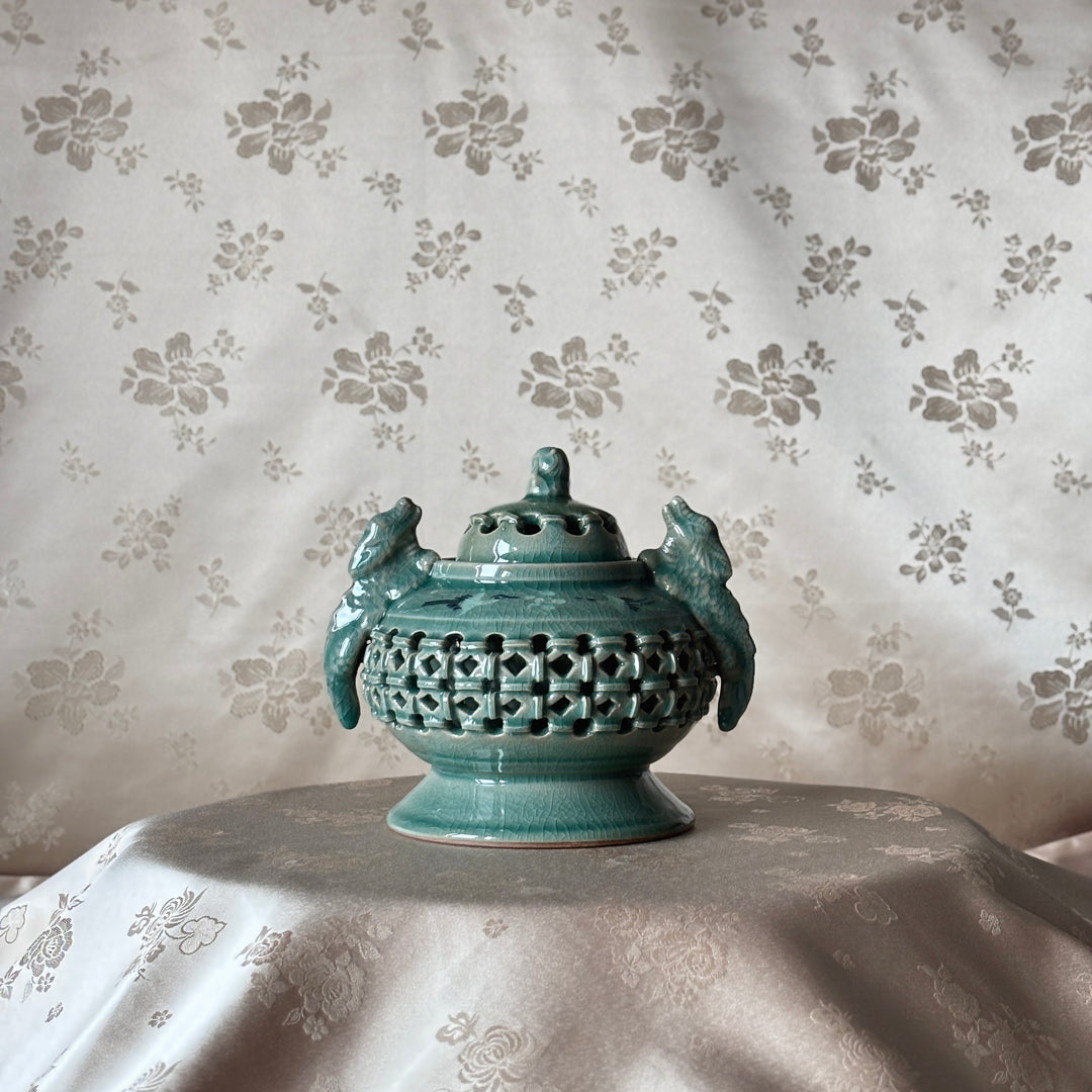 Celadon Incense Burner: Double-Wall Openwork with Inlaid Crane Motif and Dragon Handles