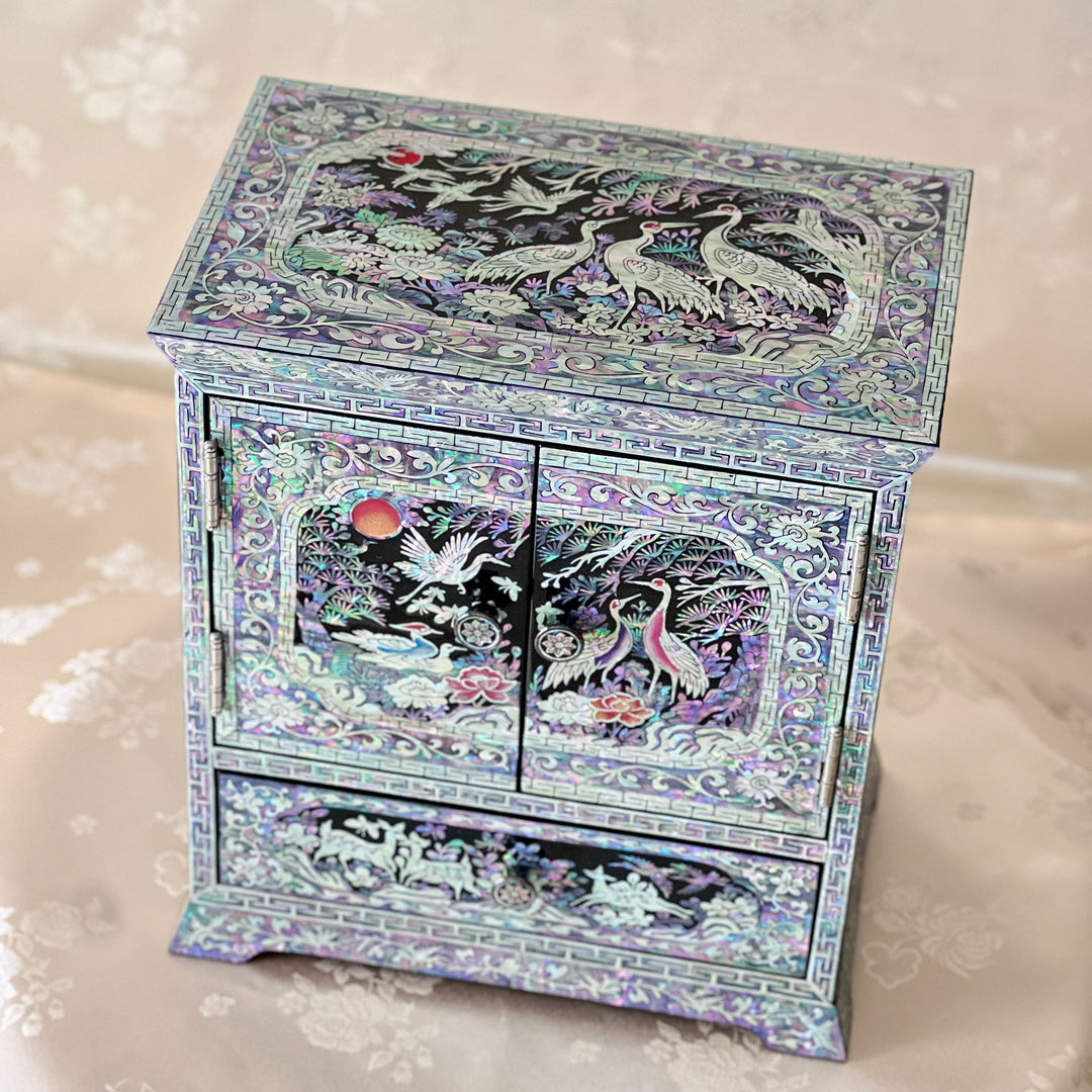 Mother-of-Pearl Double-Door Jewelry Chest: Longevity Motif, Black Ground