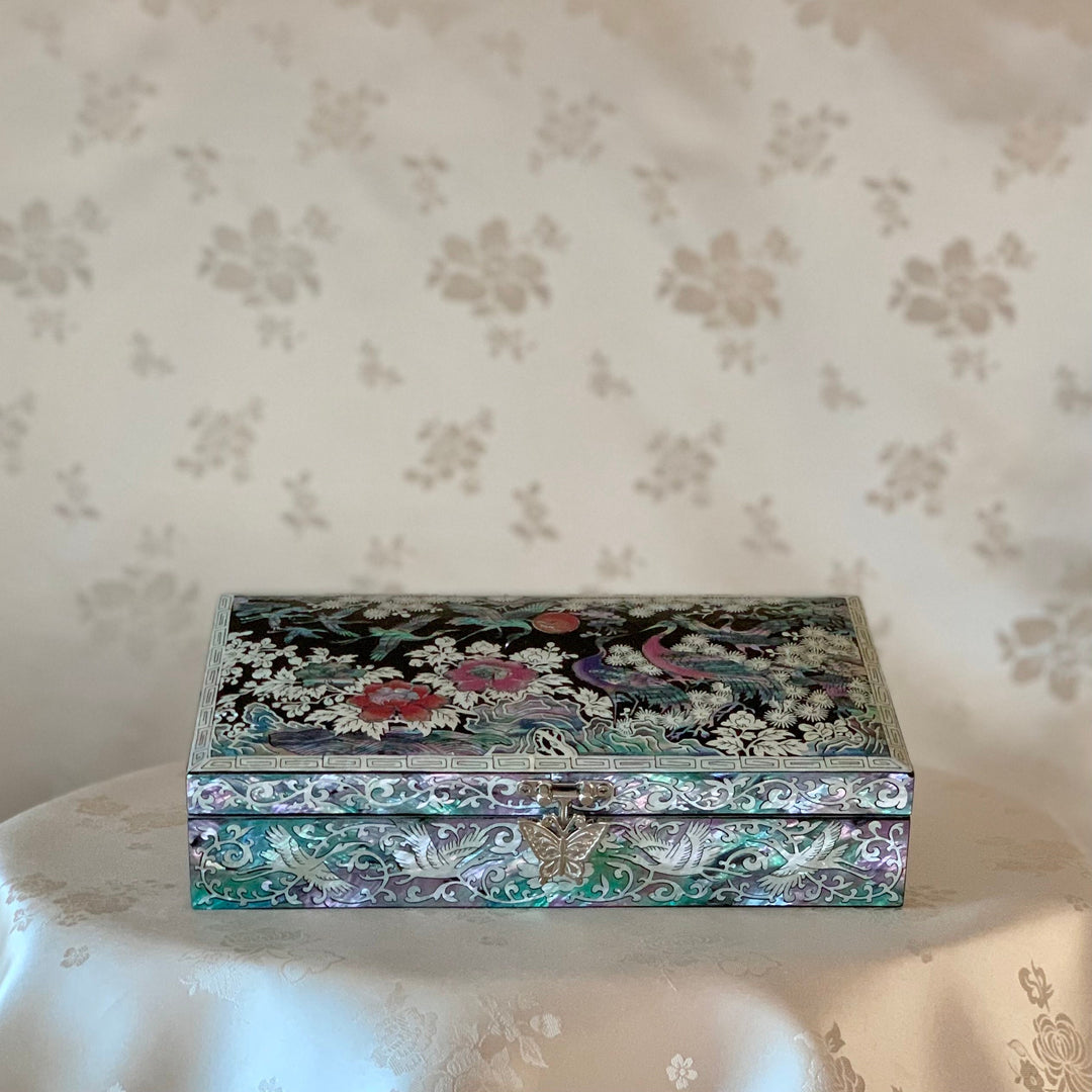 Mother of Pearl Handmade Wooden Letter or Jewelry Box with Pine and Peony and Vine Pattern (자개 목단 학 당초문 편지 보관함)