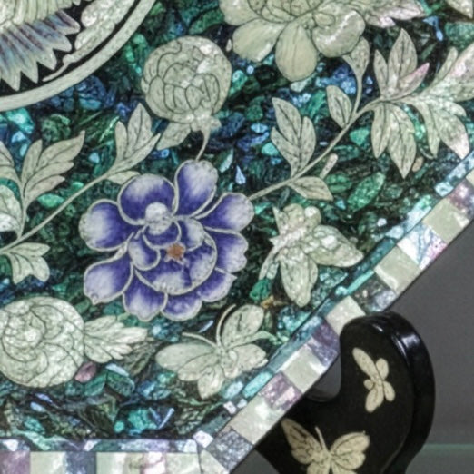 Mother of Pearl Octagonal Tray: Twin Cranes and Peony on Abalone