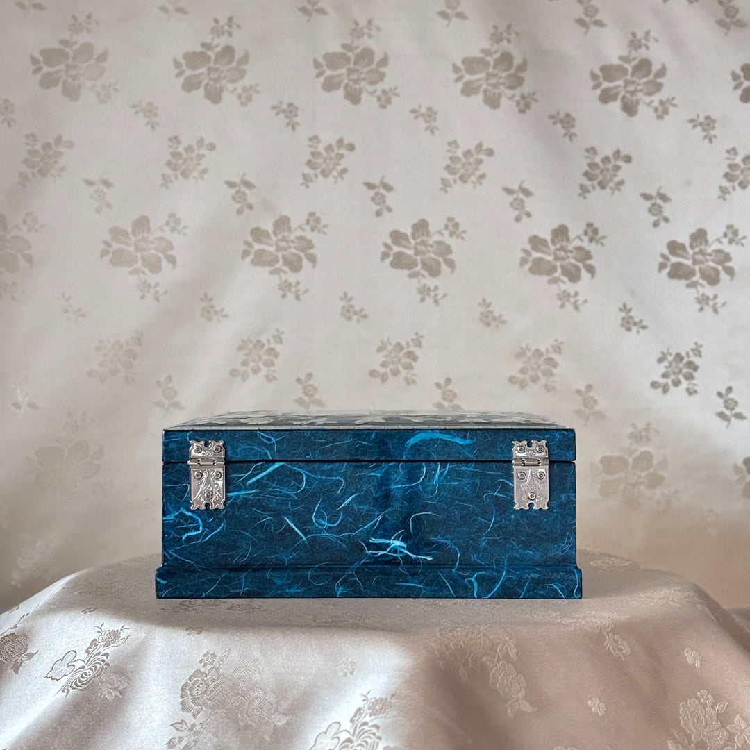 Mother of Pearl Jewelry Box: Butterfly and Peony Motif on Navy Hanji
