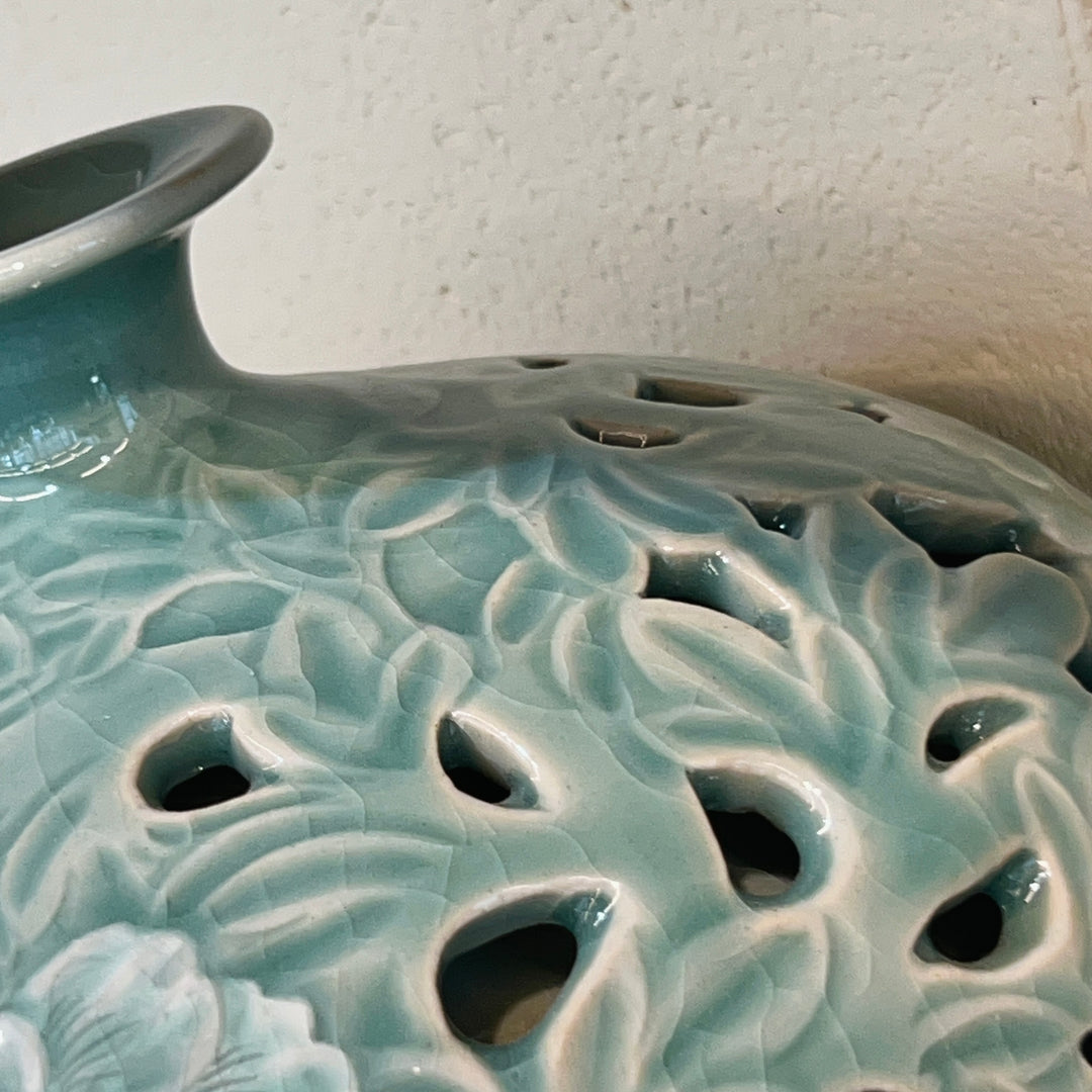Celadon Vase: Double-Wall Openwork Design with Peony Motif by Master Artisan