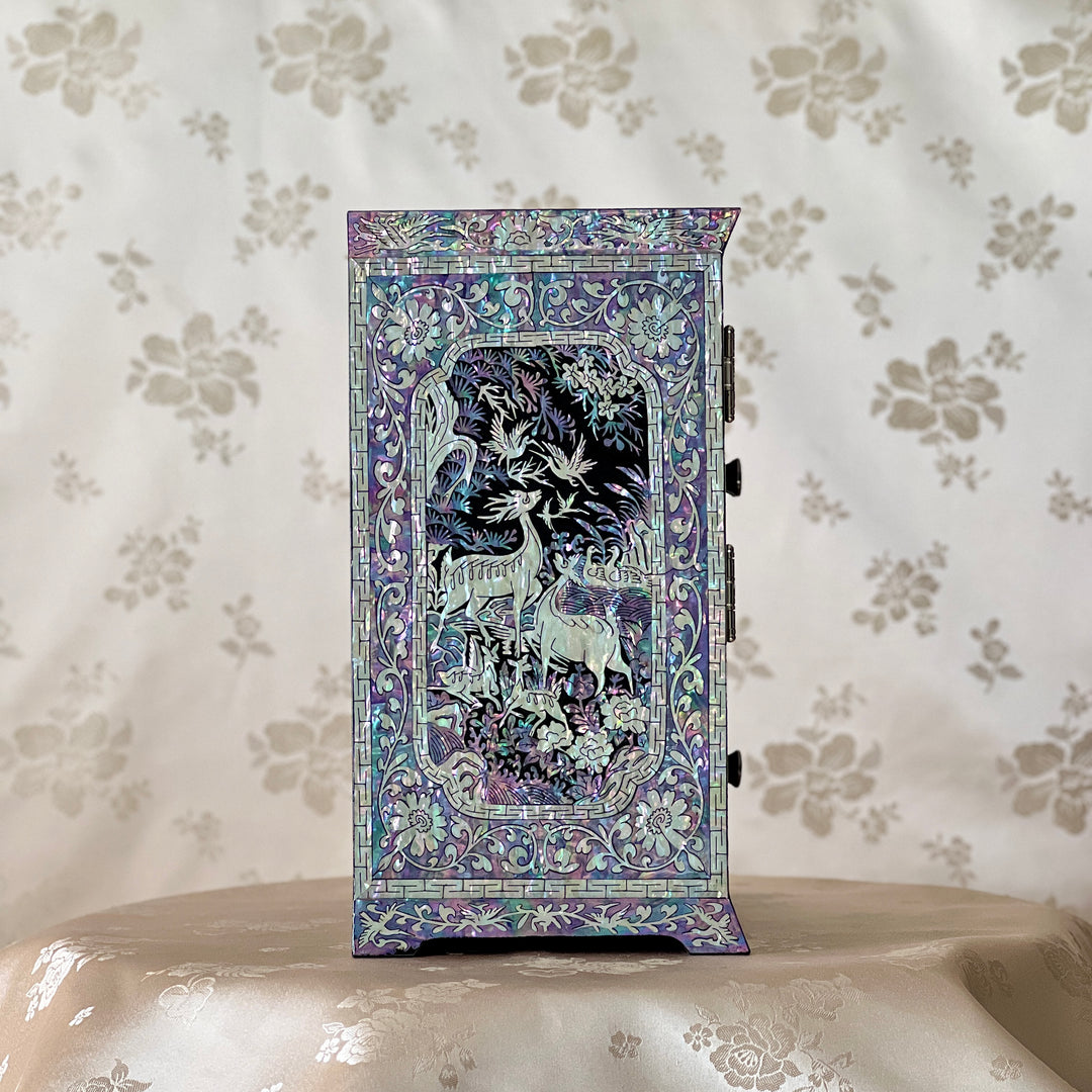 Mother-of-Pearl Double-Door Jewelry Chest: Longevity Motif, Black Ground