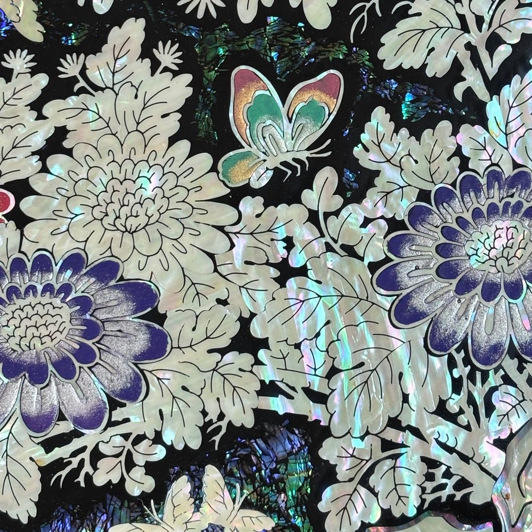Mother of Pearl Octagonal Tray: Chrysanthemum and Butterfly on Abalone