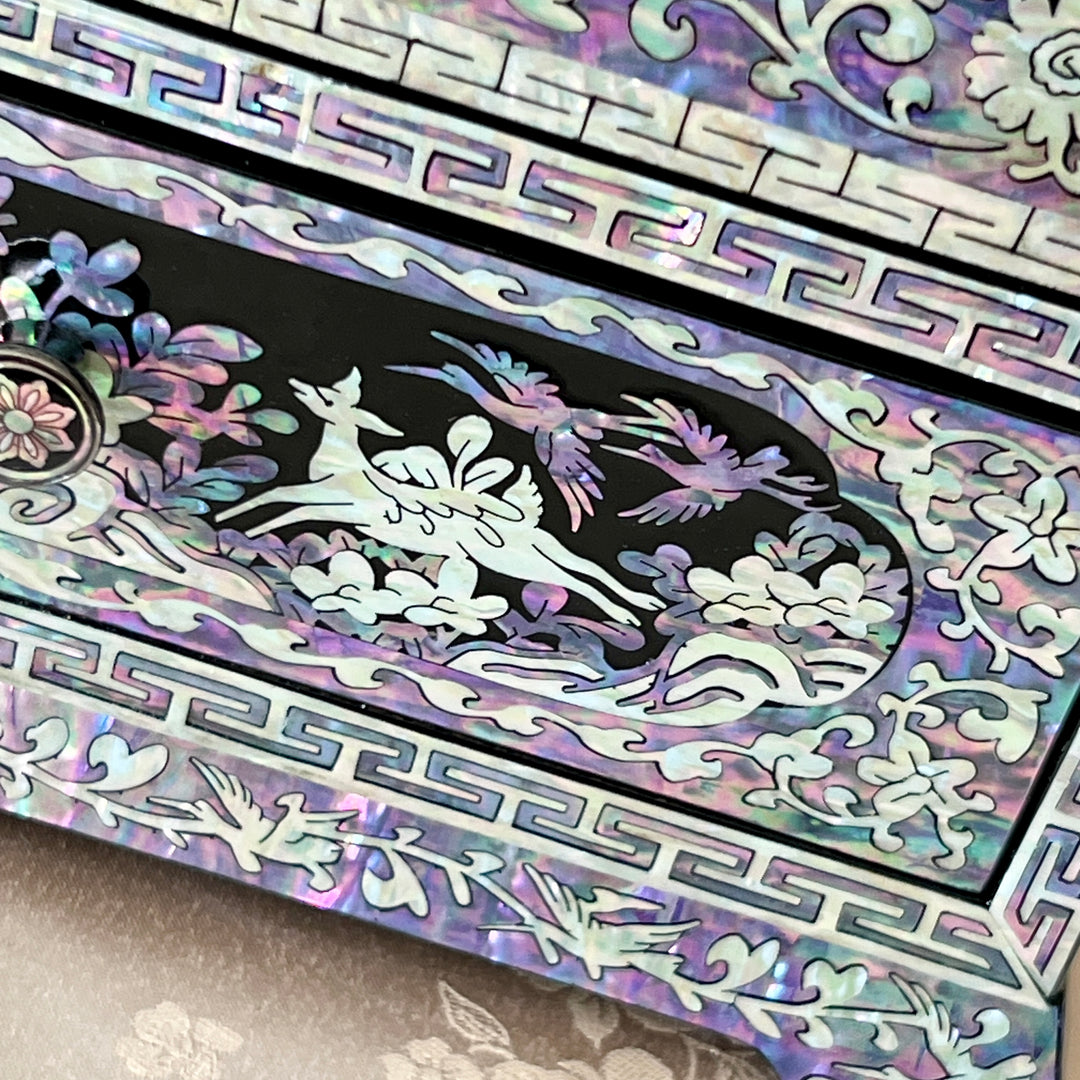 Mother-of-Pearl Double-Door Jewelry Chest: Longevity Motif, Black Ground