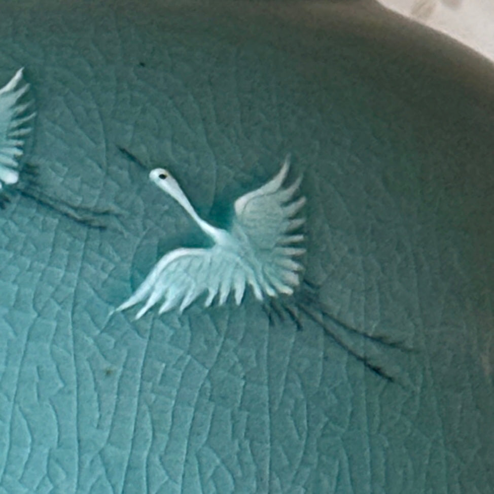 Korean Celadon Vase: Couple of Cranes in Relief Carving by Master Artisan