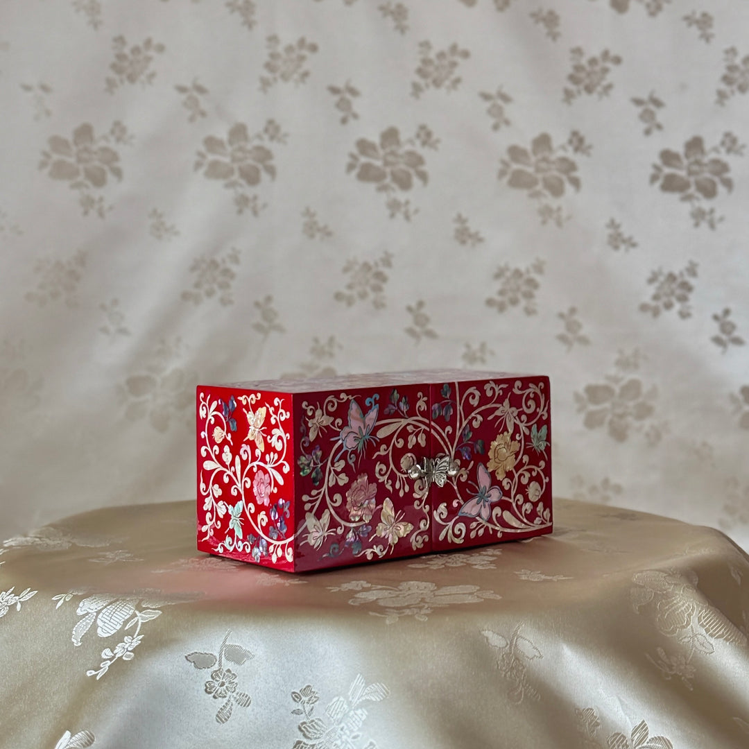 Mother-of-Pearl Double Jewelry Chest: Vivid Red Surface with Butterfly and Vine Motif