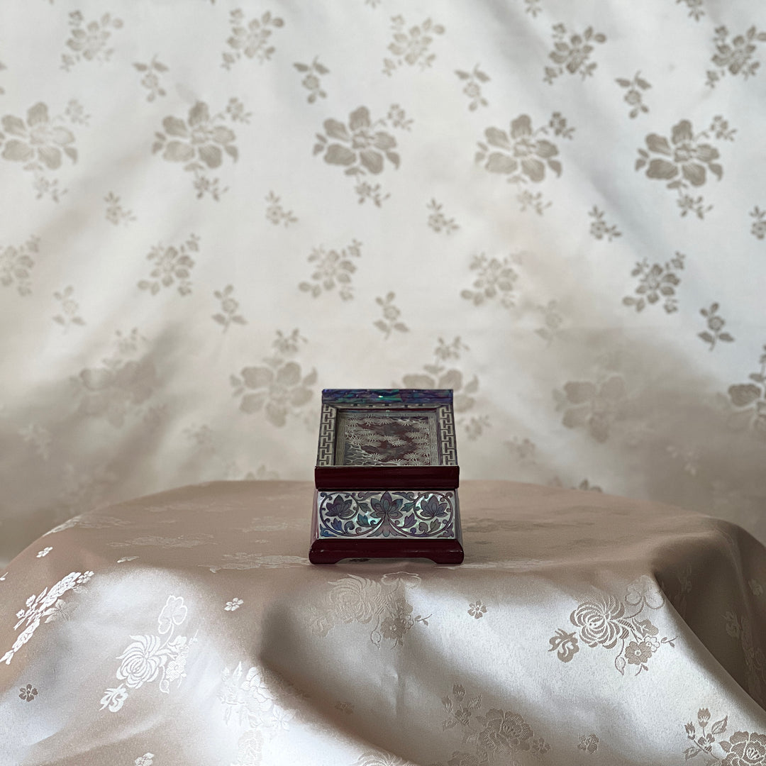 Mother-of-Pearl Lidded Box: Scholar’s Desk-Inspired Form with Crane and Pine Motif, Wine Ground