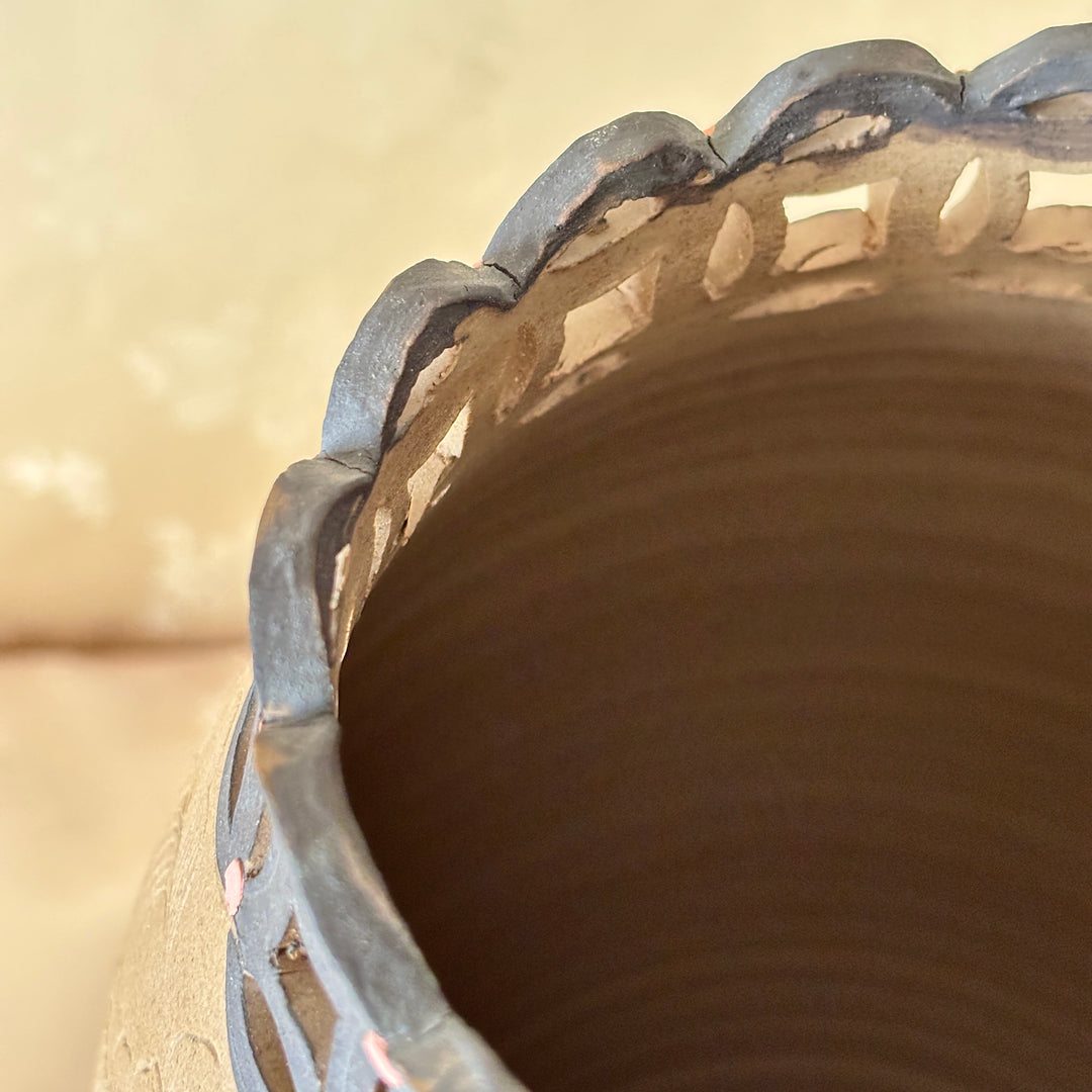 Unglazed Ceramic Vase: Buncheong Clay Body with Plum Blossom Branch and Openwork Rim