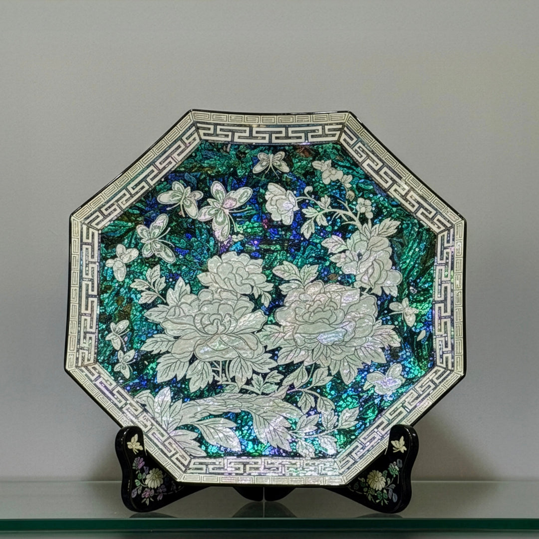 Mother of Pearl Octagonal Tray: Peony and Butterfly on Abalone