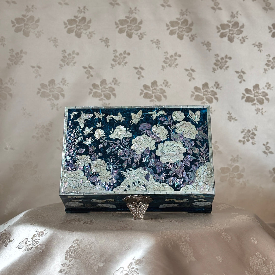 Mother of Pearl Jewelry Box: Butterfly and Peony Motif on Navy Hanji