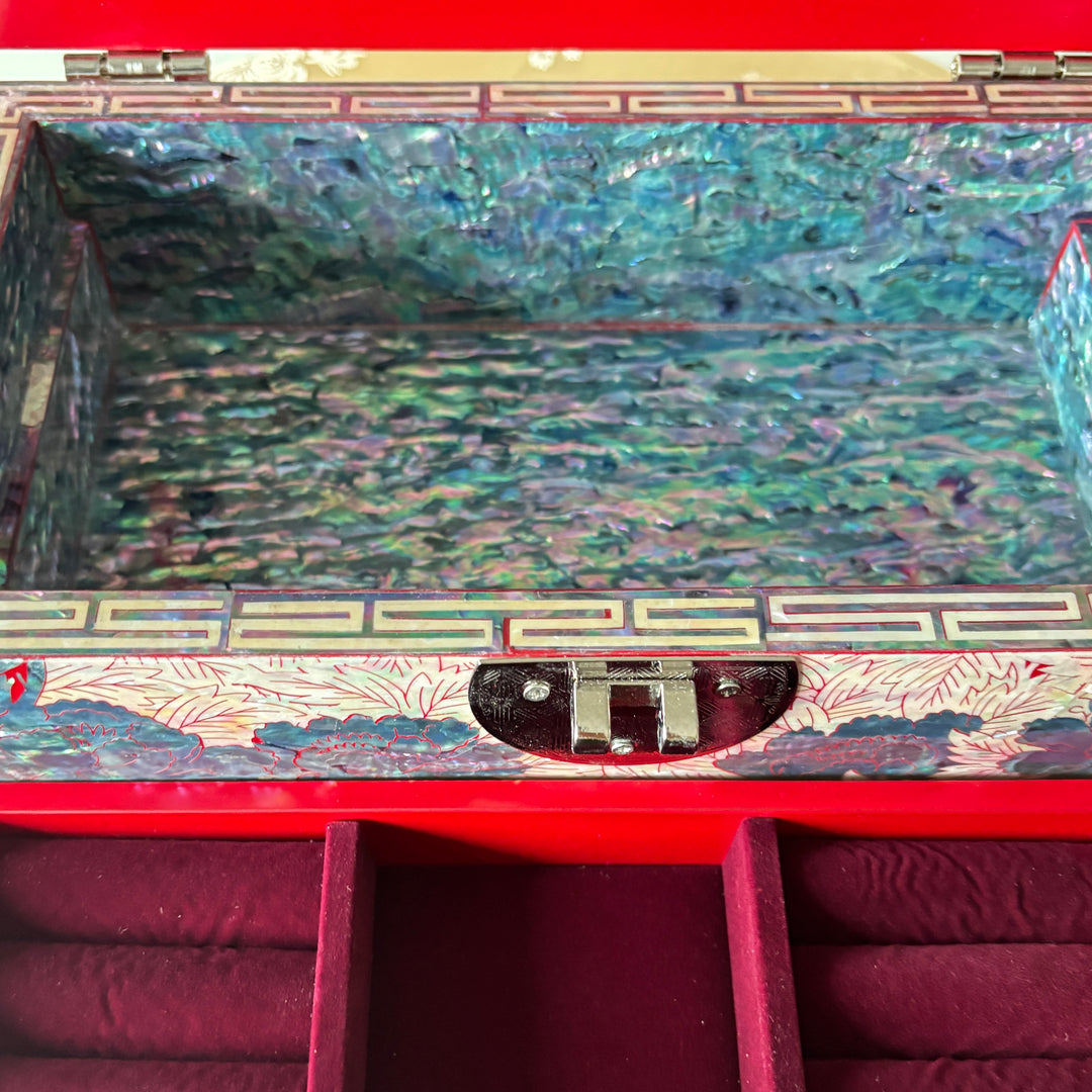 Mother of Pearl Jewelry Box: Butterfly and Peony Motif on Red Ground