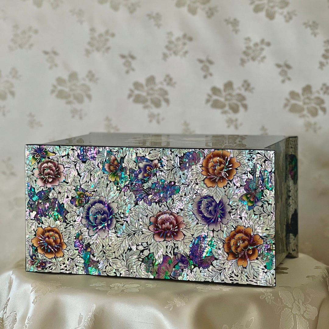 Mother of Pearl Jewelry Chest: Peony and Butterfly Motif in Scholar’s Desk Form