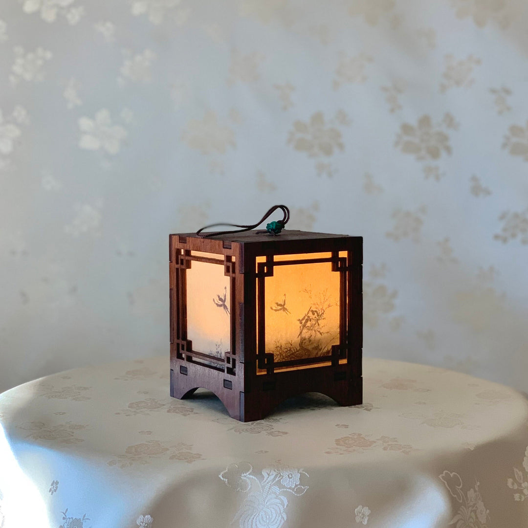 Wooden Accent Lantern for Hanging with Traditional Painting Pattern (마상청앵도 목재 걸이 등)