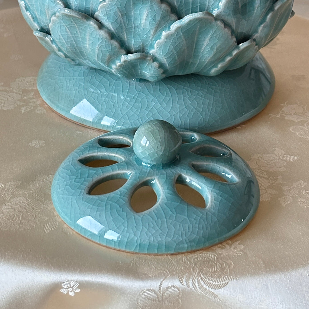 Celadon Incense Burner: Grand Scale with Lotus Motif and Openwork Lid