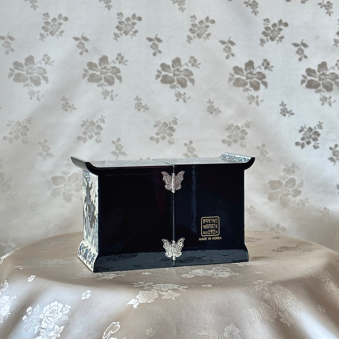 Mother of Pearl Jewelry Chest Pair: Black Body with Pine and Crane Motif in Scholar’s Desk Form