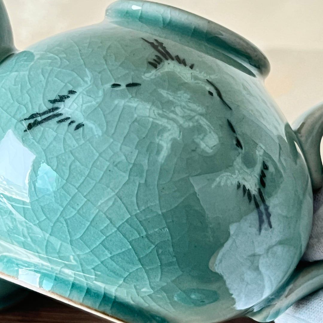 Celadon Tea Set (Dagi): Inlaid Crane and Cloud Motif, 2-Person Set, Round Shape
