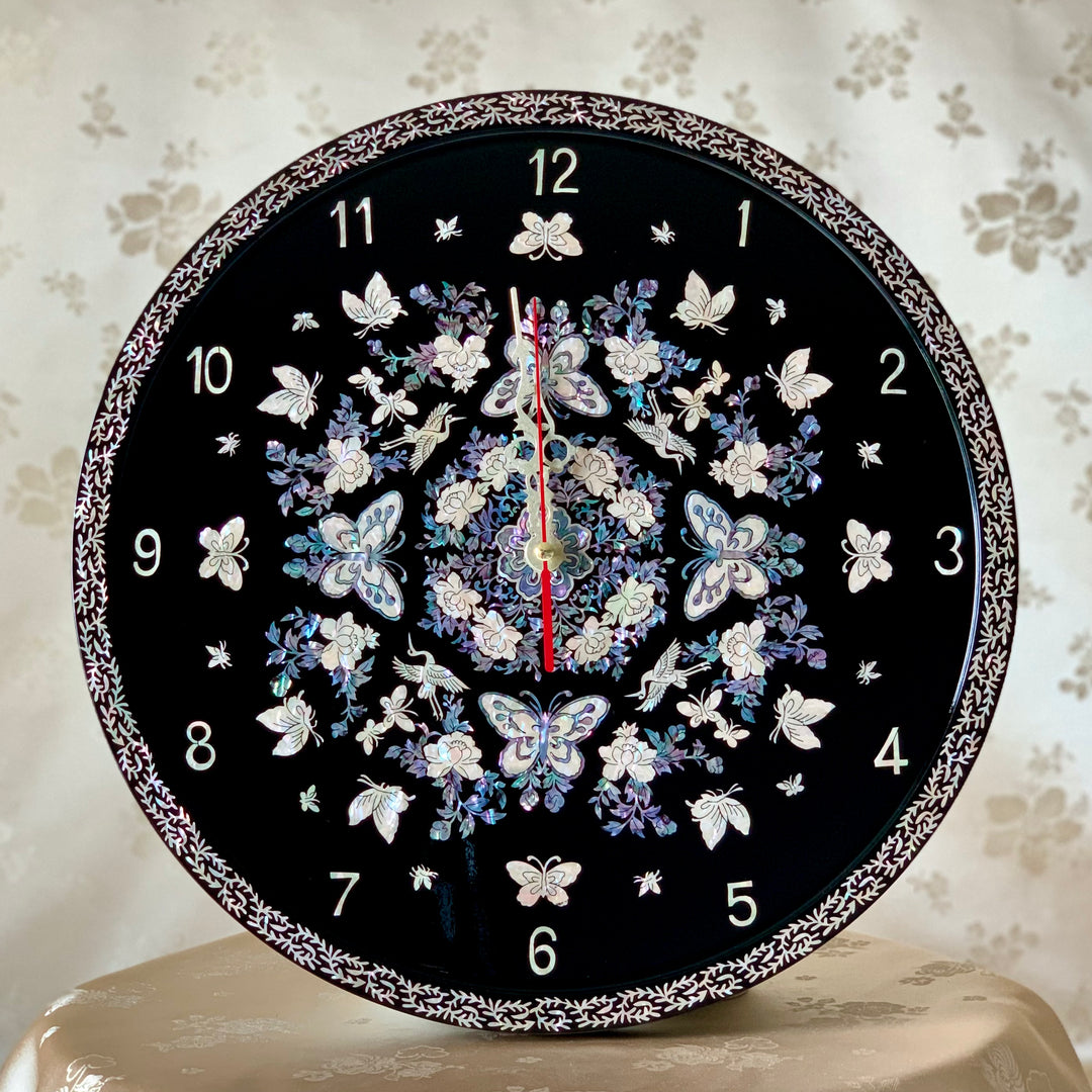 Mother of Pearl Wall Clock with Butterfly and Crane Pattern (자개 호접문 벽걸이 시계)