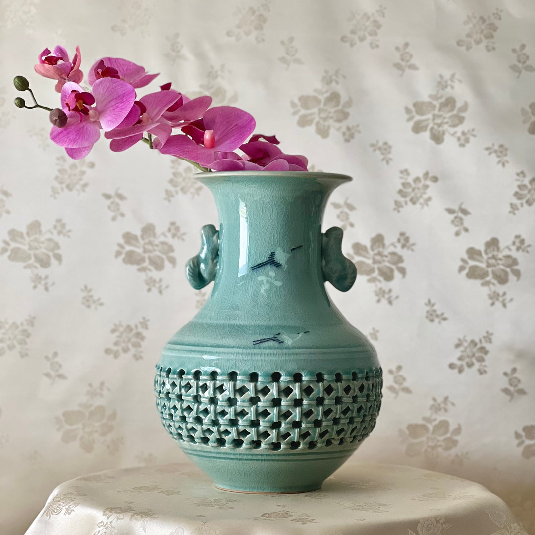 Celadon Double Wall Openwork Middle Size Vase with Inlaid Cranes and Clouds Pattern (청자 상감 운학문 이중투각 병)
