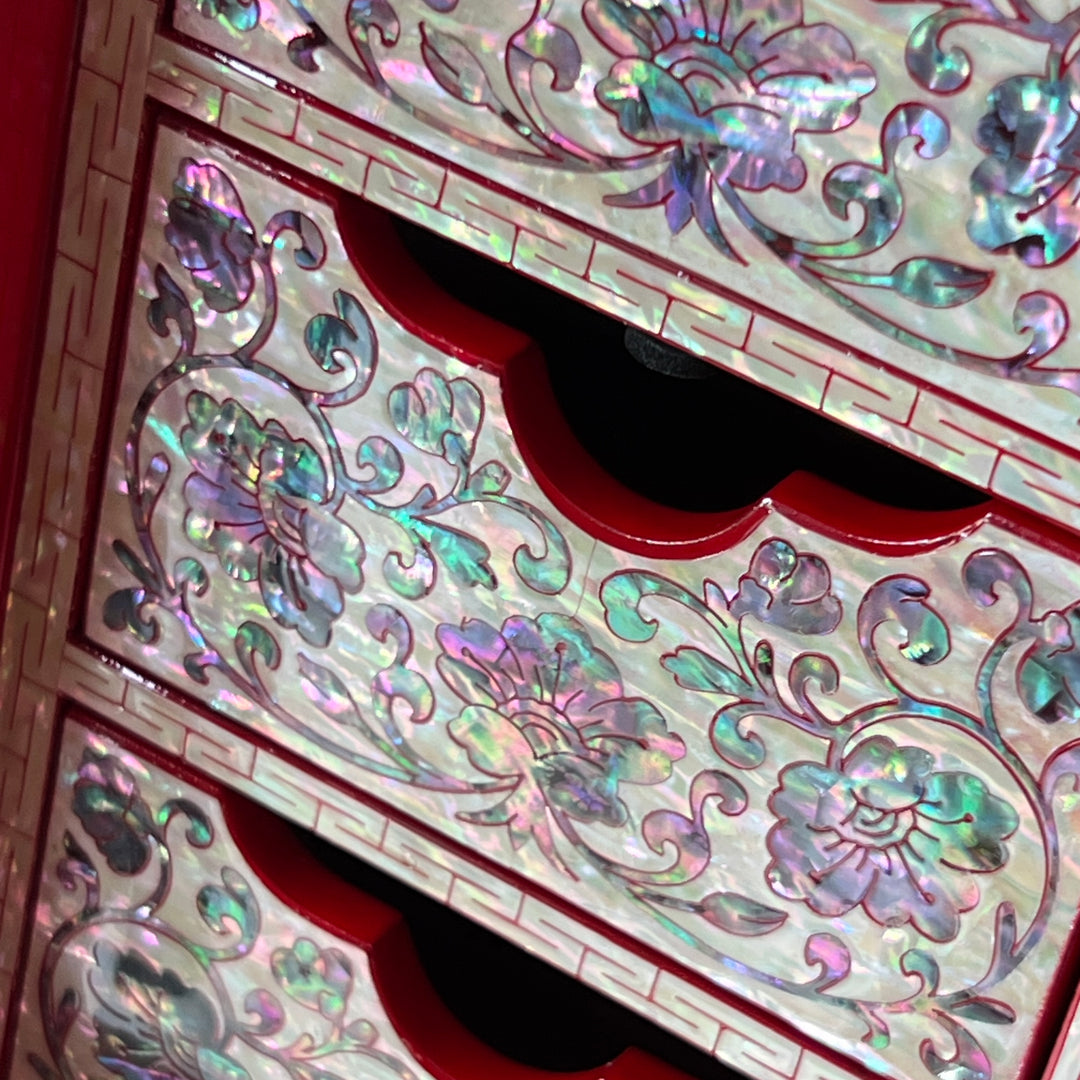 Mother-of-Pearl Double-Doored Jewelry Chest: Grand Scale, Longevity Motif on Red Ground