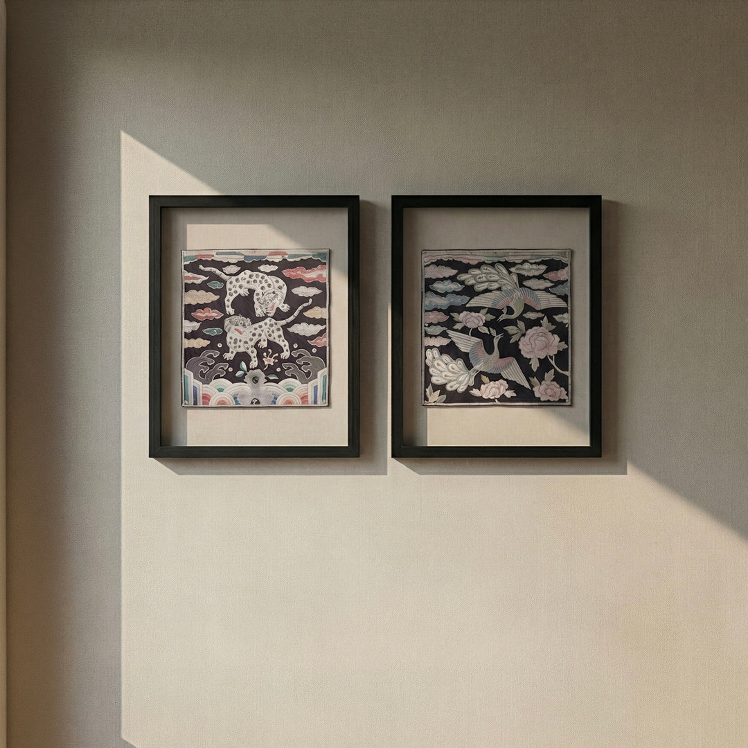 Embroidered Art Panel Set: Paired Tigers and Paired Peacocks