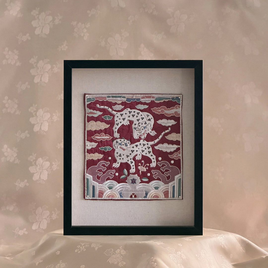 Embroidered Art Panel: Tiger Pair Motif on Red Ground