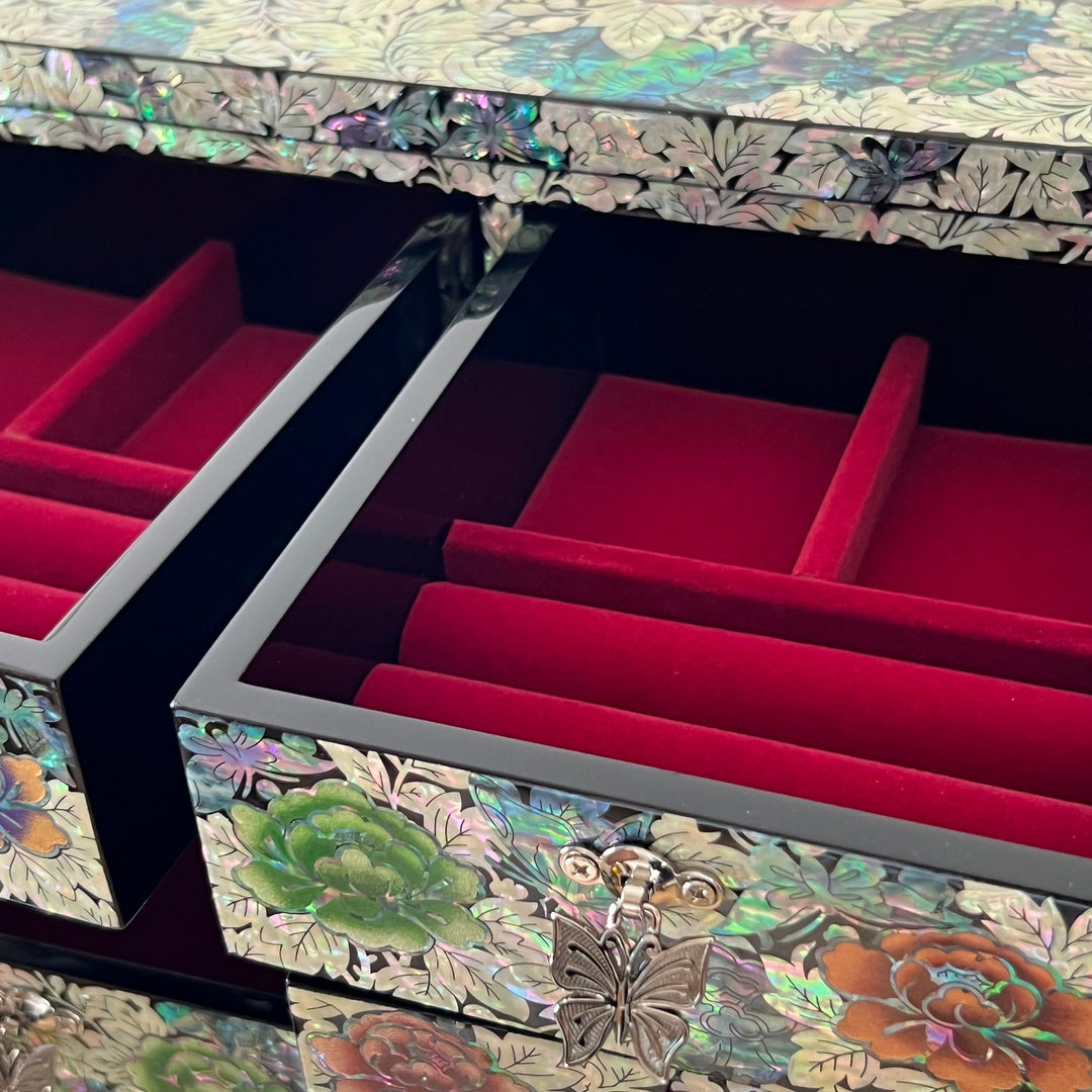 Mother of Pearl Jewelry Chest: Peony and Butterfly Motif in Scholar’s Desk Form
