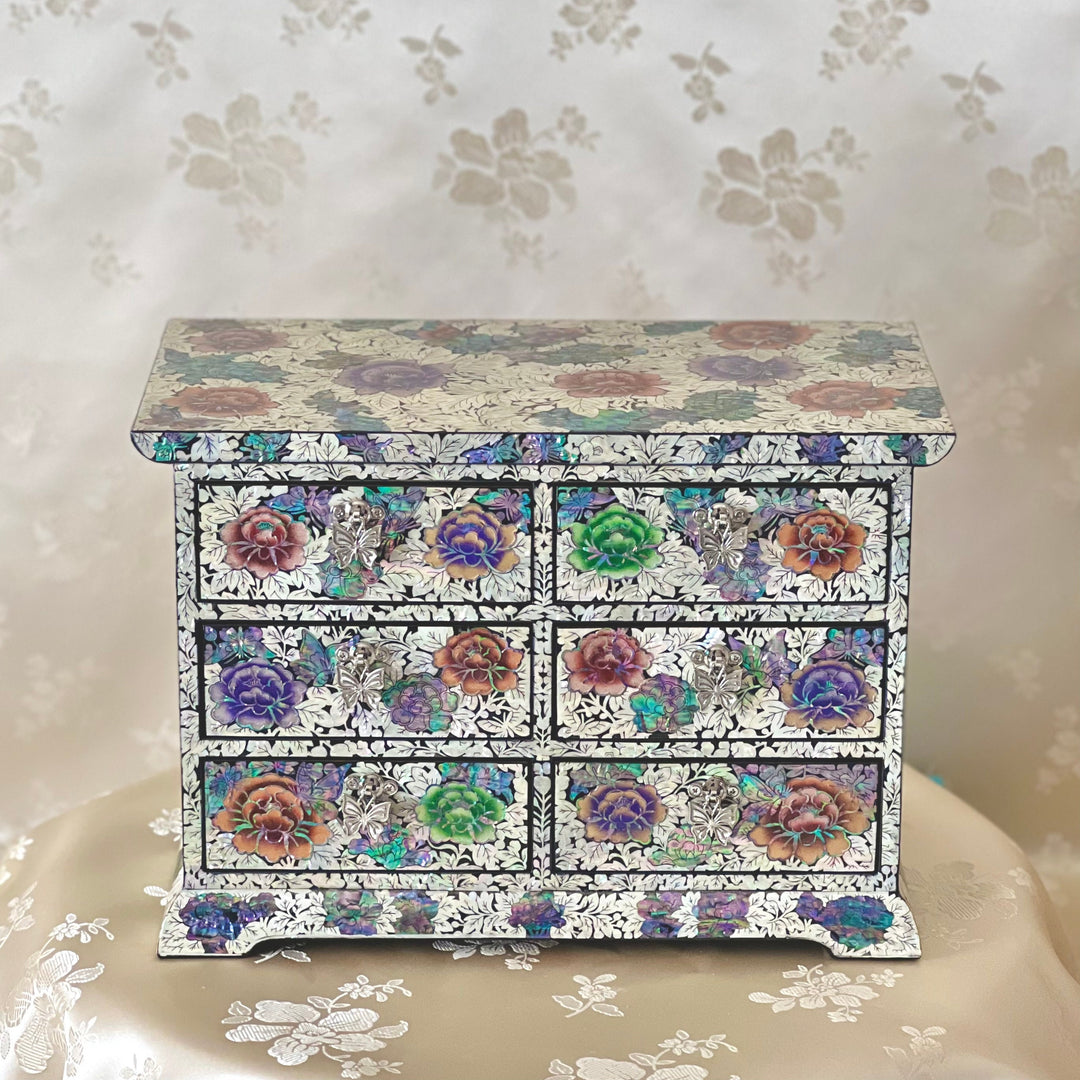 Mother of Pearl Jewelry Chest: Peony and Butterfly Motif in Scholar’s Desk Form