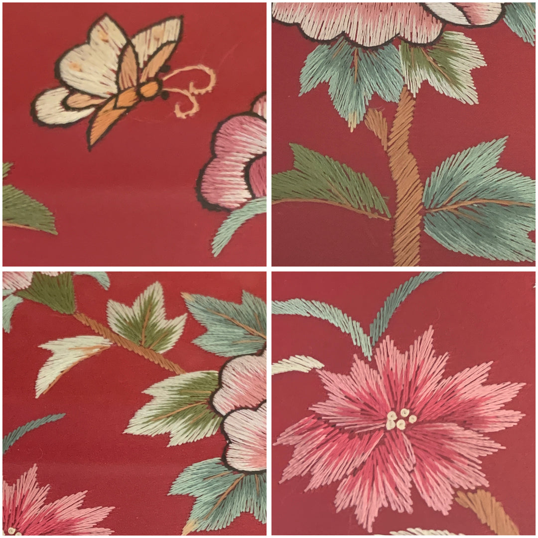 Embroidery with Peony Pattern on Wine Silk in Wooden Rectangle Frame (손자수 호접 목단문 액자)