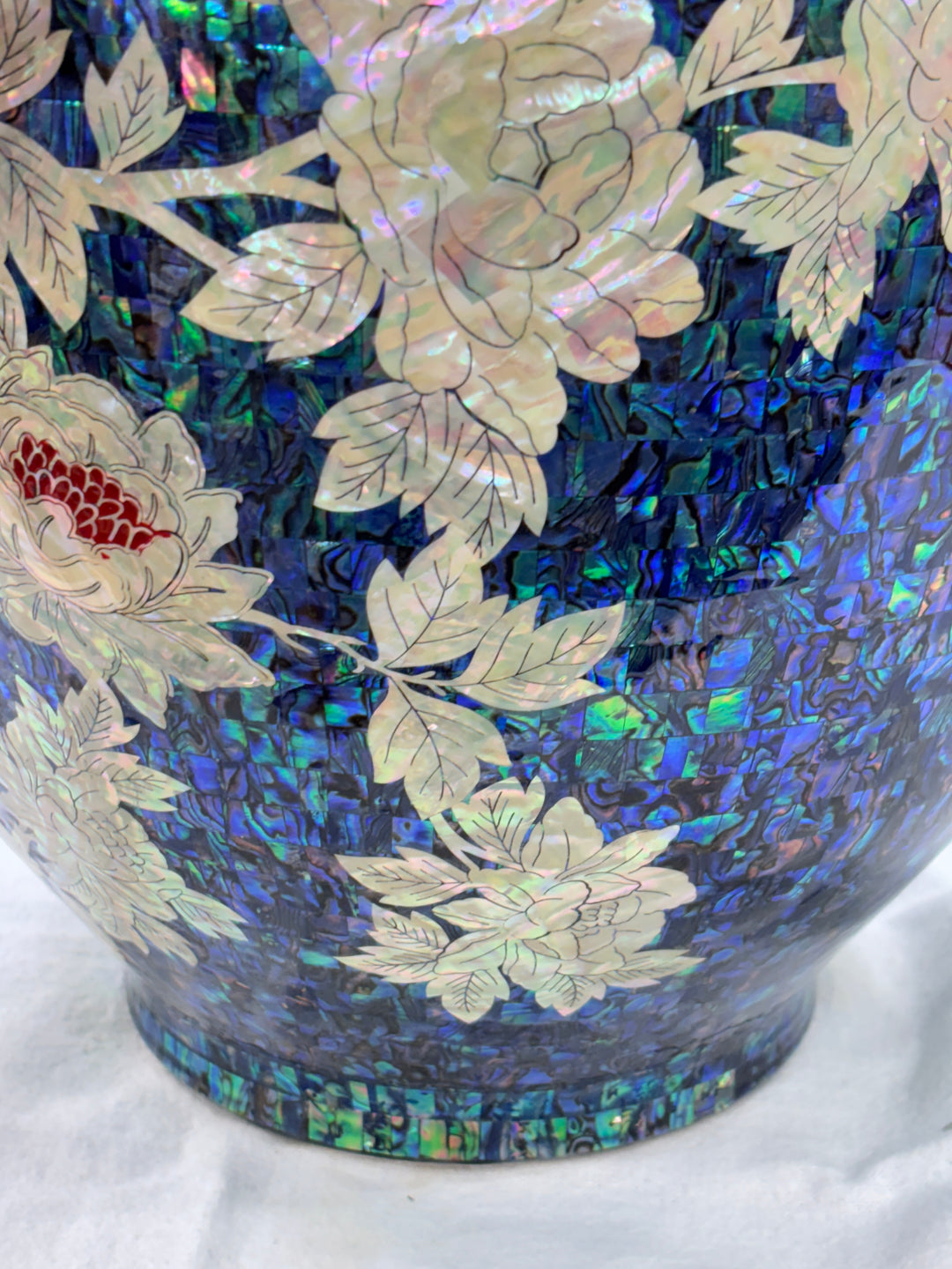 Mother-of-Pearl Ceramic Vase: Butterfly and Peony Motif on Deep Blue Abalone
