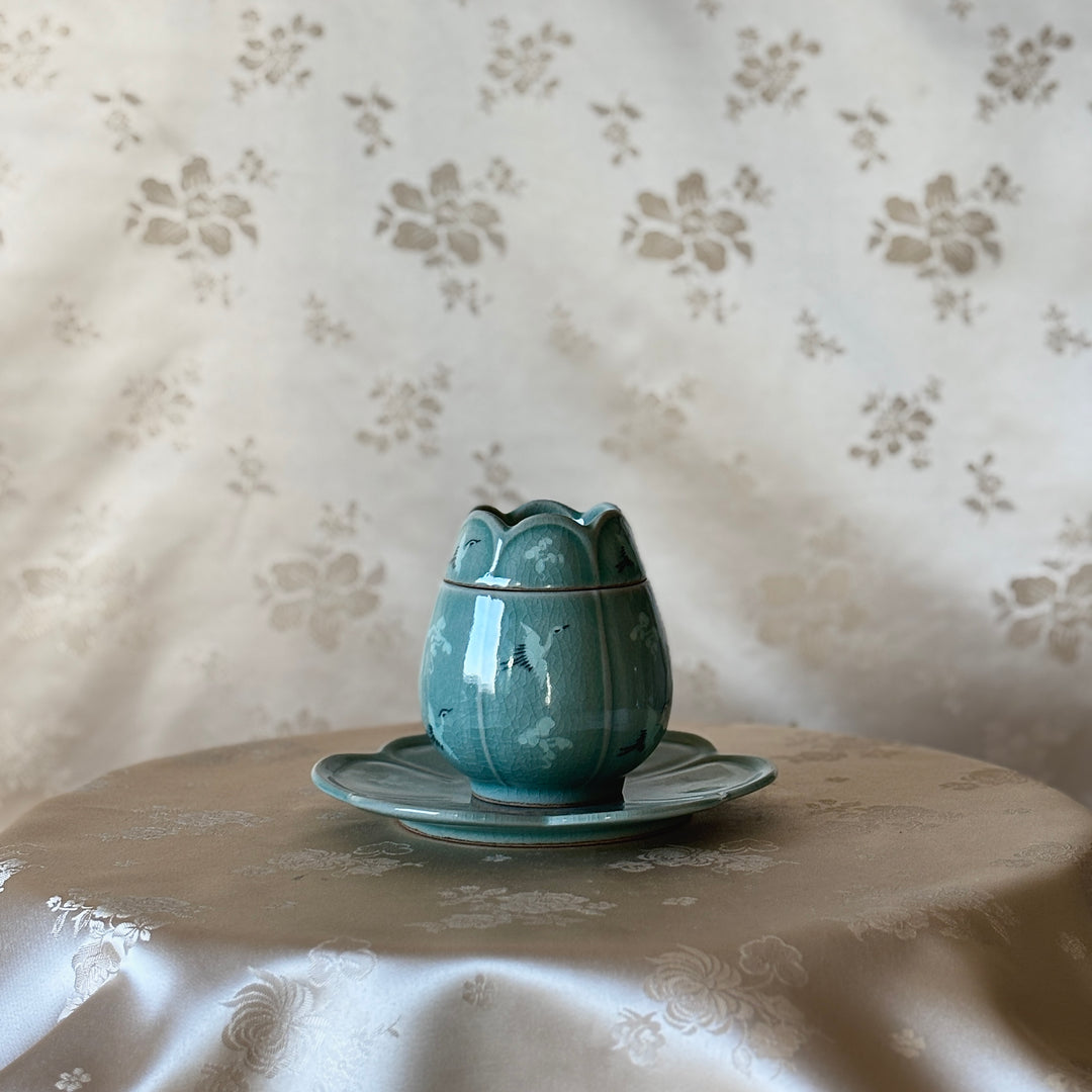 Celadon Tulip-Inspired Tea Cup with Inlaid Crane and Cloud Motif By Master Artisan