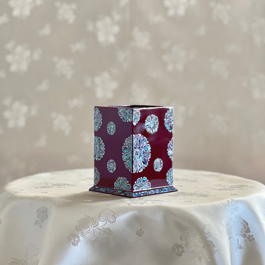 Mother of Pearl Wine Color Pen Holder with Chrysanthemum Pattern (자개 국화문 필통)