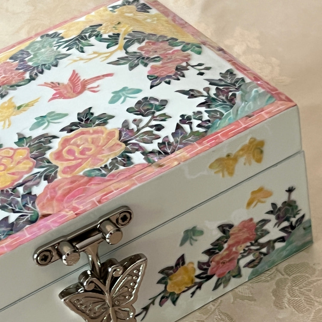 Mother-of-Pearl Jewelry Box: Peony and Bird Floral Motif on White Ground