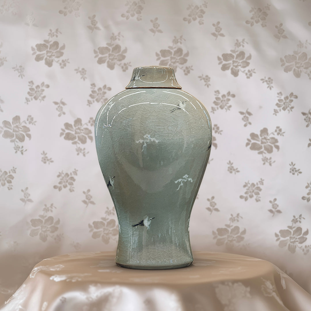 Celadon Maebyeong Vase with Lid: Crane and Cloud Motif, Handcrafted by Master Artisan