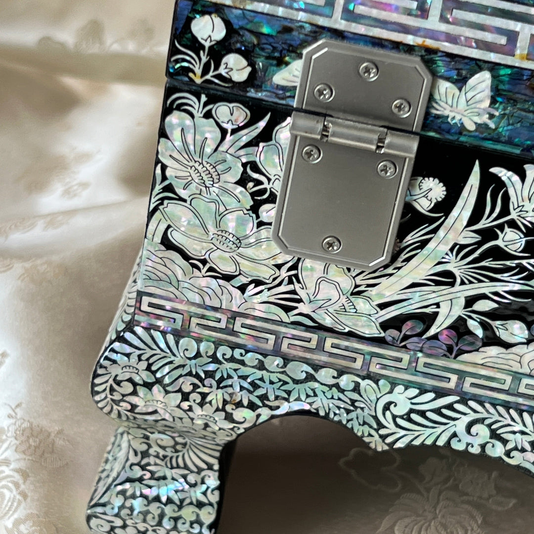 Close-up of floral mother-of-pearl inlay on the side of a Korean lacquer jewelry box