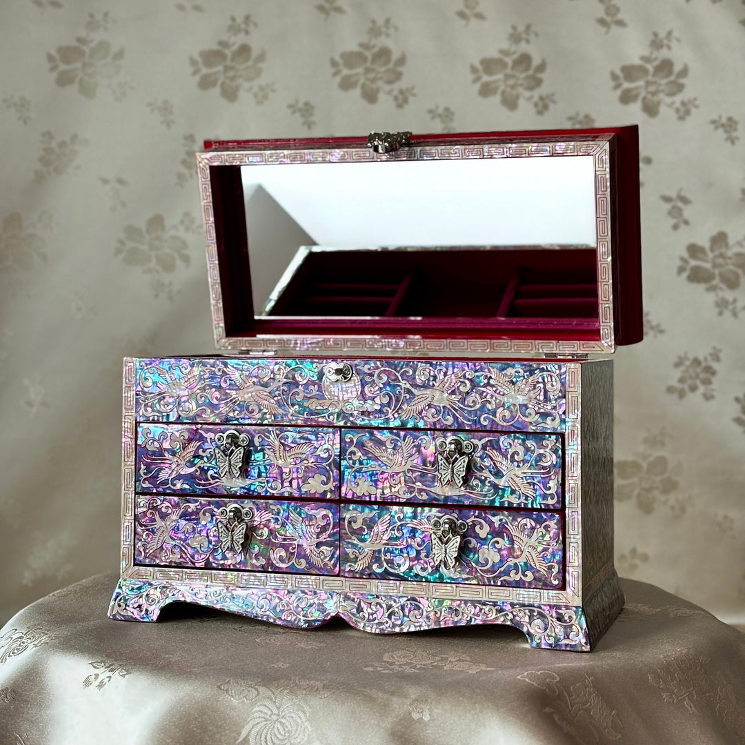 Mother of Pearl Jewelry Chest Set: Matching Pencil Holder with Pine and Crane Motif