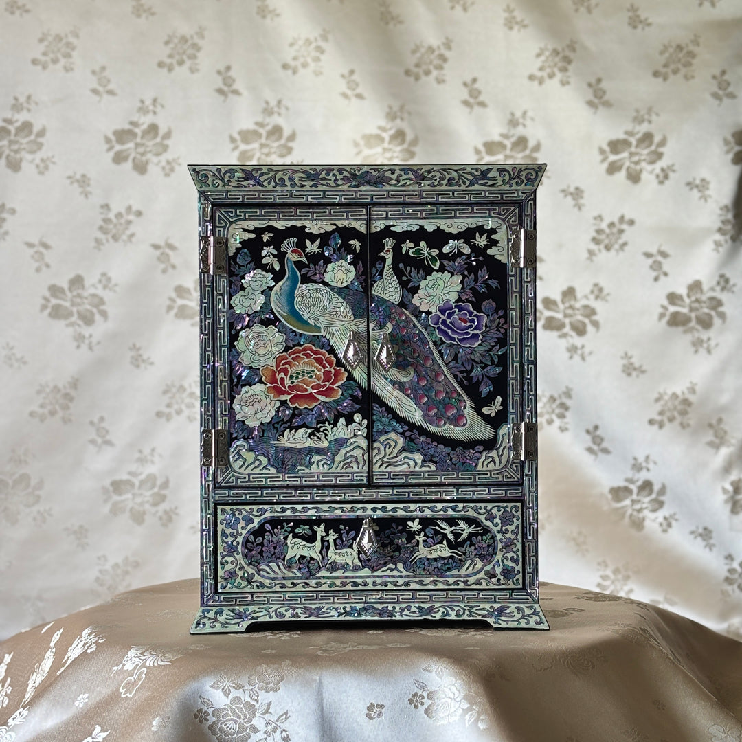 Mother-of-Pearl Double-Doored Jewelry Chest: Grand Scale, Longevity Motif on Black Ground