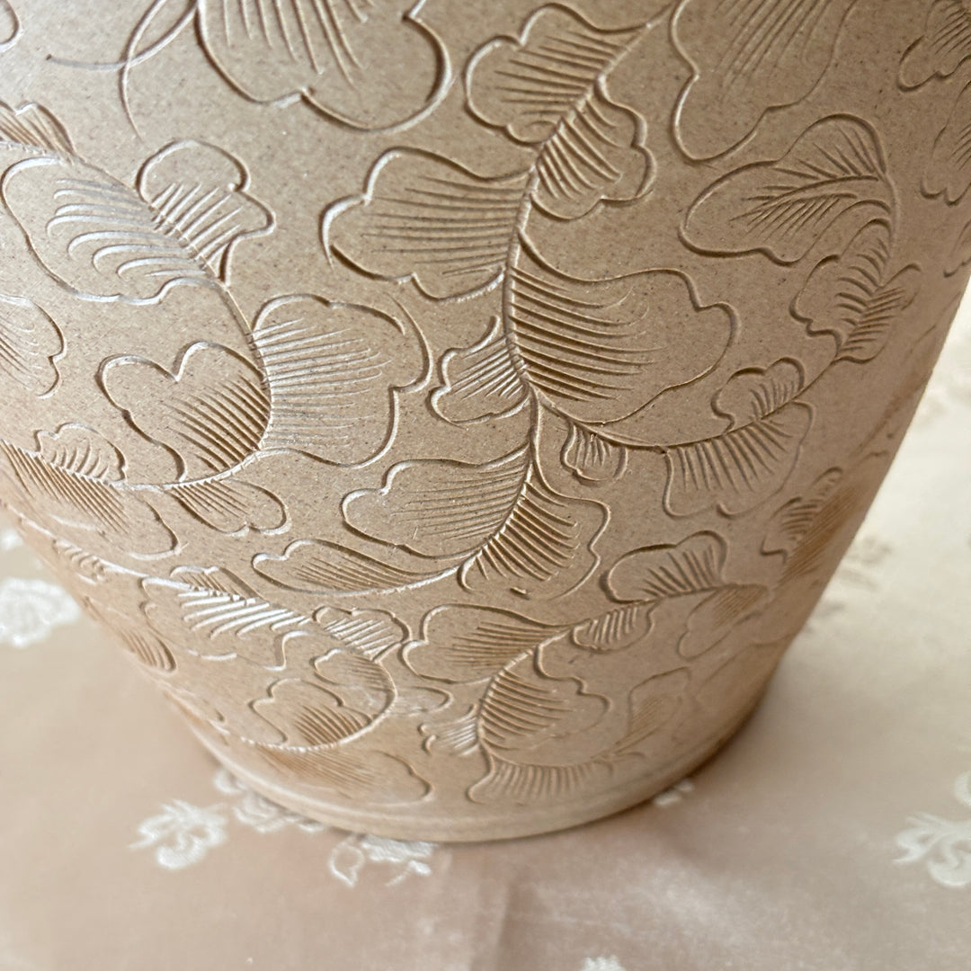 Unglazed Ceramic Vase: Buncheong Clay Body with Plum Blossom Branch and Openwork Rim