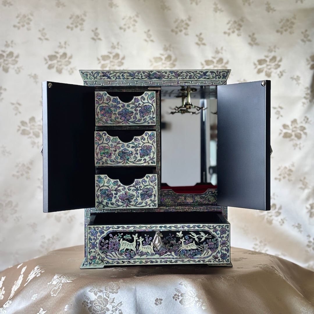 Mother-of-Pearl Double-Doored Jewelry Chest: Grand Scale, Longevity Motif on Black Ground