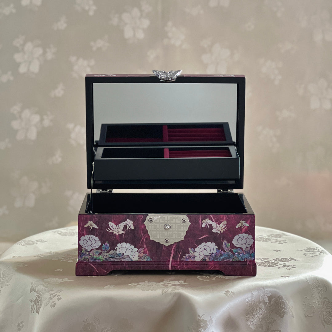 Mother of Pearl Jewelry Box: Peacock and Peony Motif on Deep Purple Hanji Body