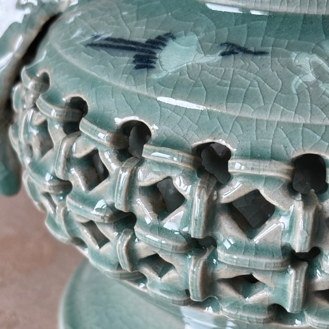 Celadon Incense Burner: Double-Wall Openwork with Inlaid Crane Motif and Dragon Handles