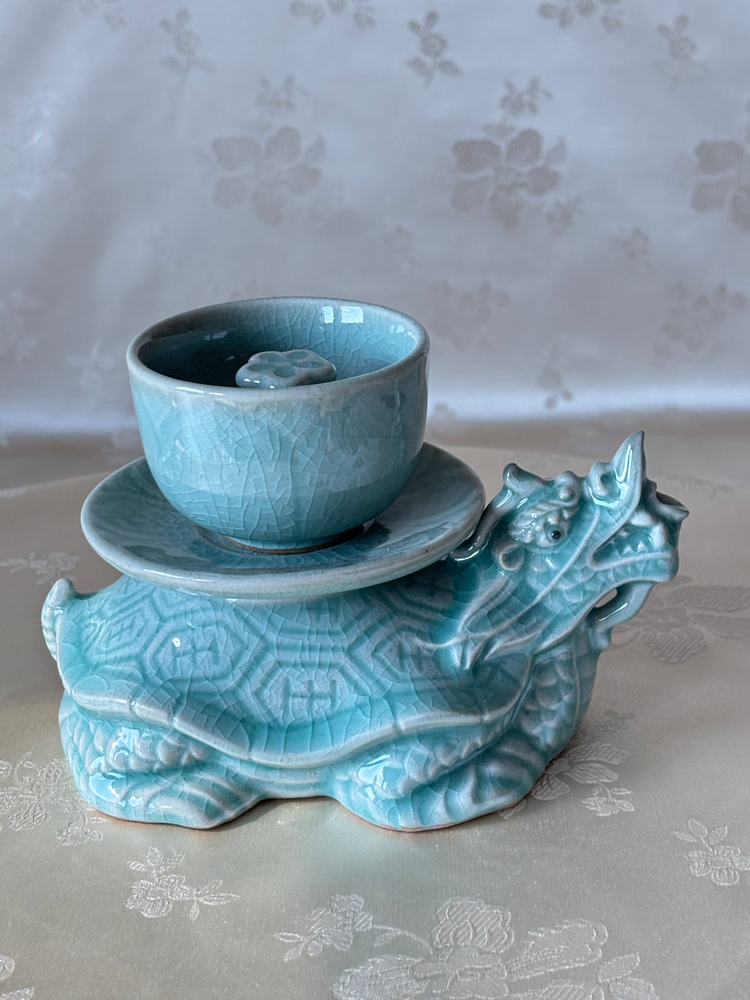 Celadon Gye-yeong Bae (Sobriety Cup): Dragon Turtle Motif by Master Artisan