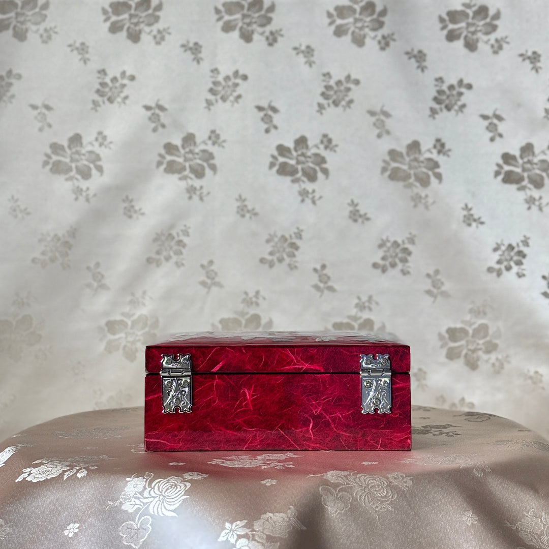 Mother of Pearl Jewelry Box: Butterfly and Plum Blossom Motifs on Red Hanji
