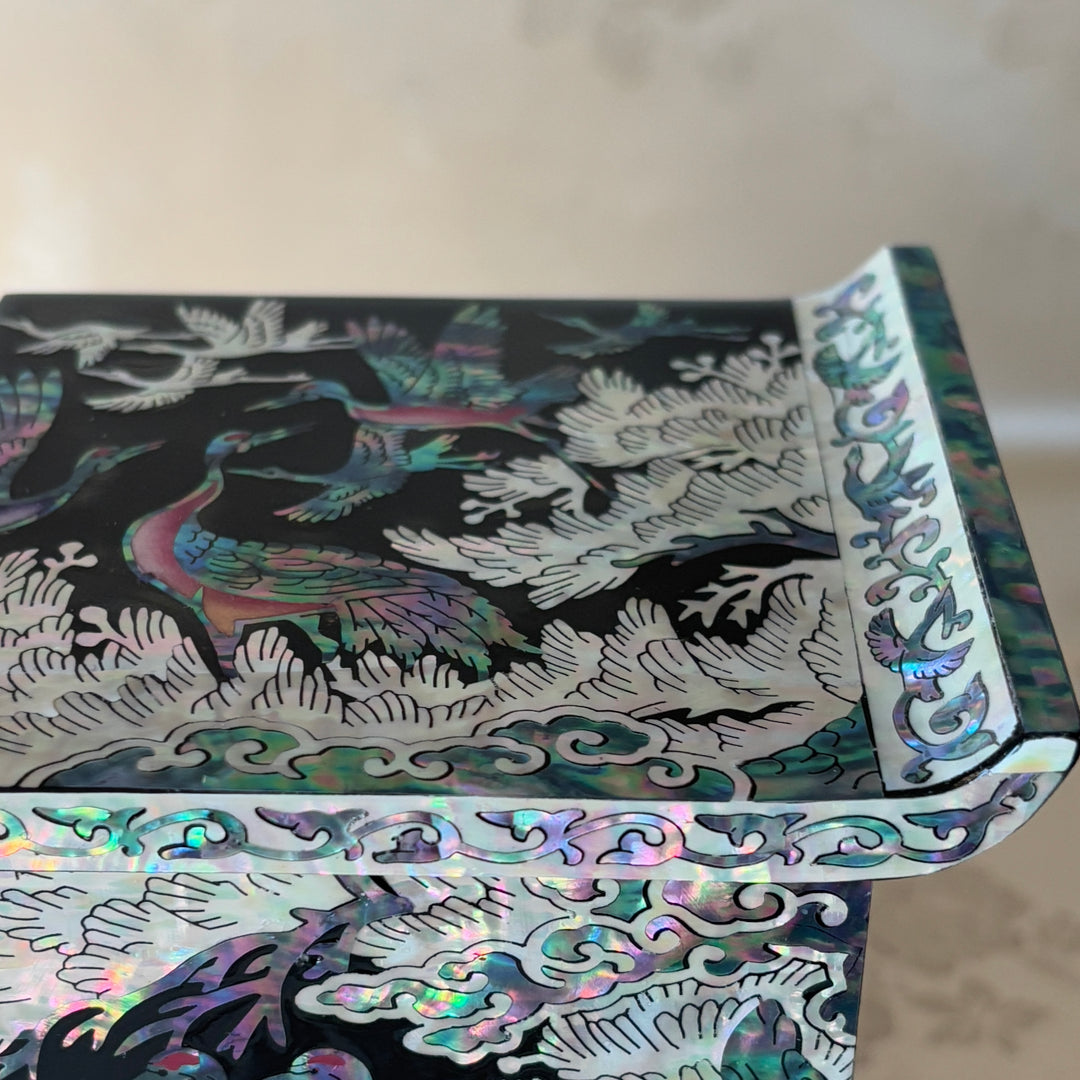 Mother of Pearl Jewelry Chest Pair: Black Body with Pine and Crane Motif in Scholar’s Desk Form