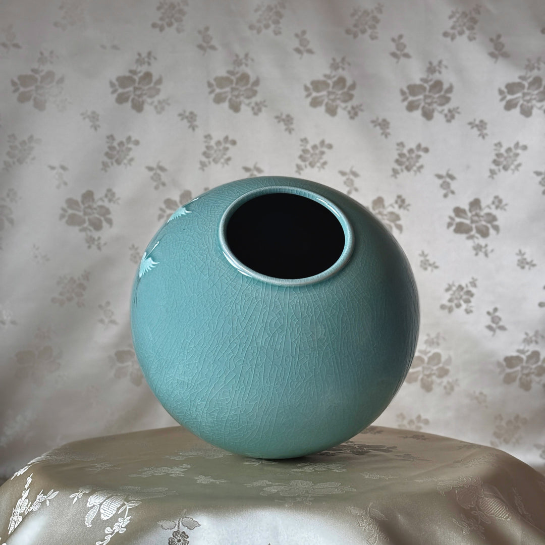 Korean Celadon Vase: Couple of Cranes in Relief Carving by Master Artisan
