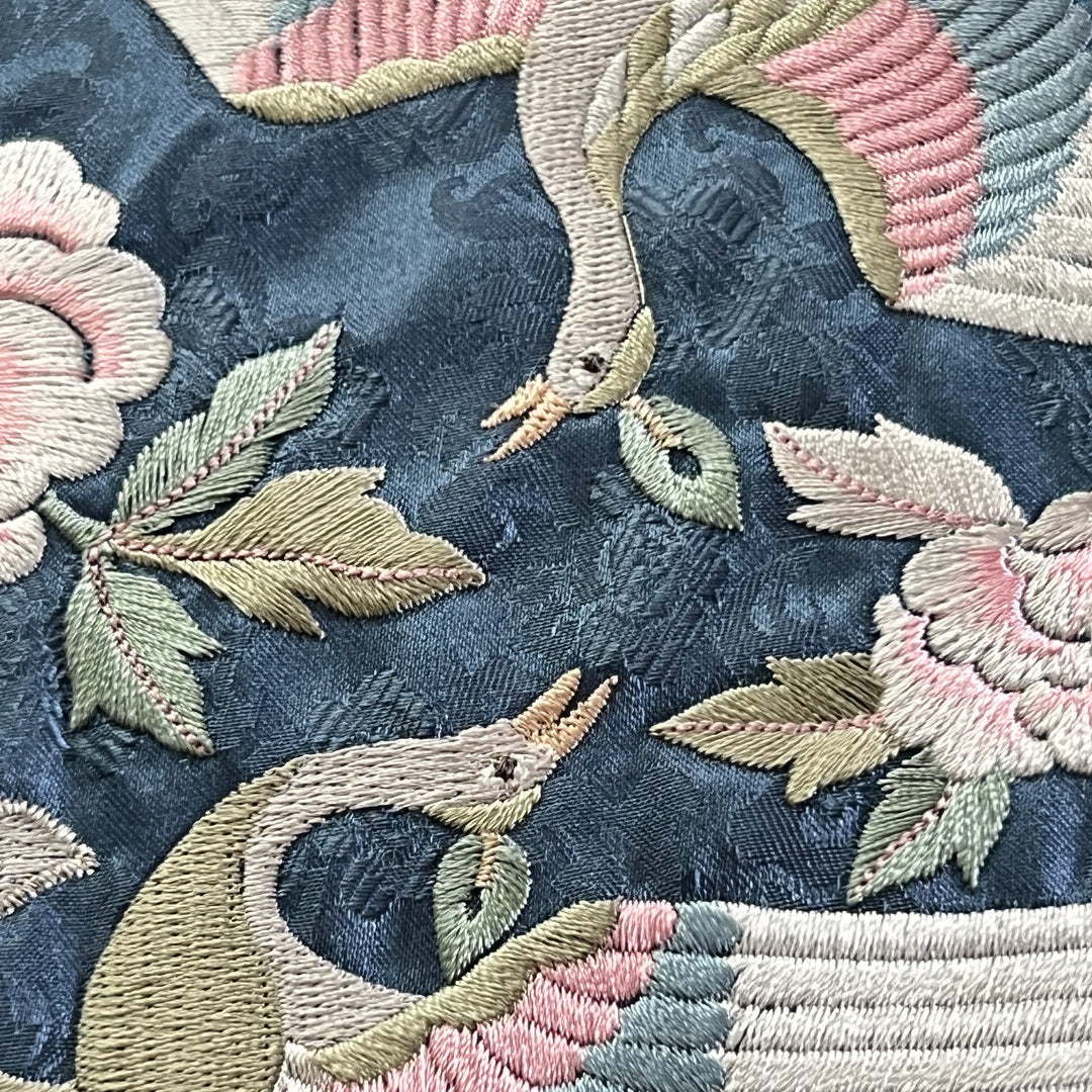 Embroidered Art Panel: Double Peacock and Peony Motif on Deep Blue Ground