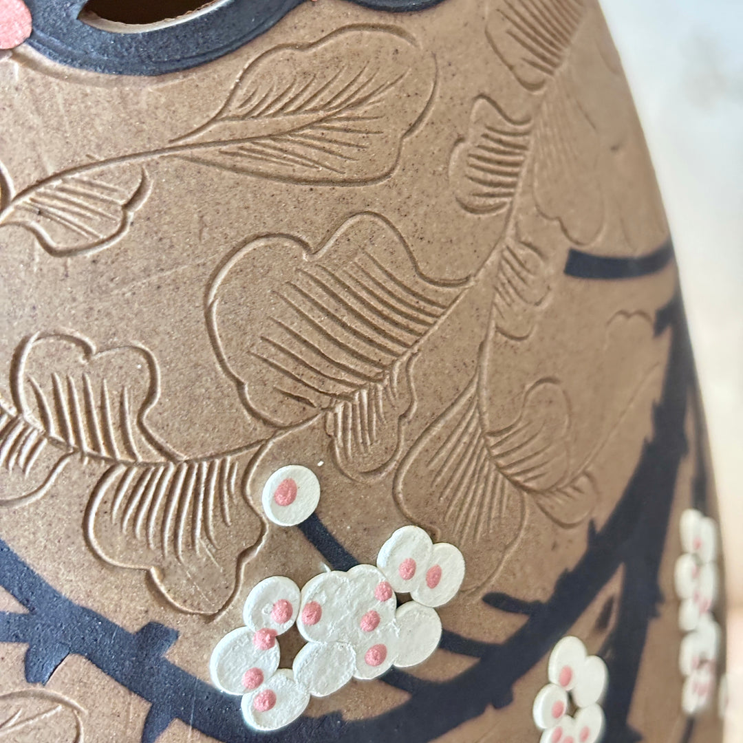 Unglazed Ceramic Vase: Buncheong Clay Body with Plum Blossom Branch and Openwork Rim