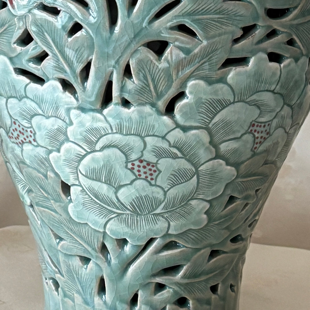 Celadon Vase with Relief-Carved Peony Motif and Double-Wall Openwork