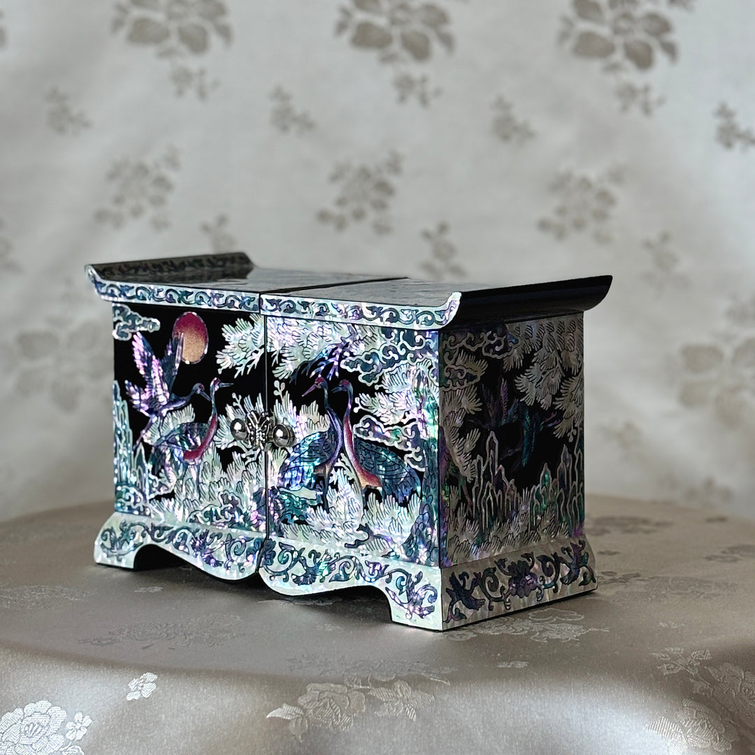 Mother of Pearl Jewelry Chest Pair: Black Body with Pine and Crane Motif in Scholar’s Desk Form